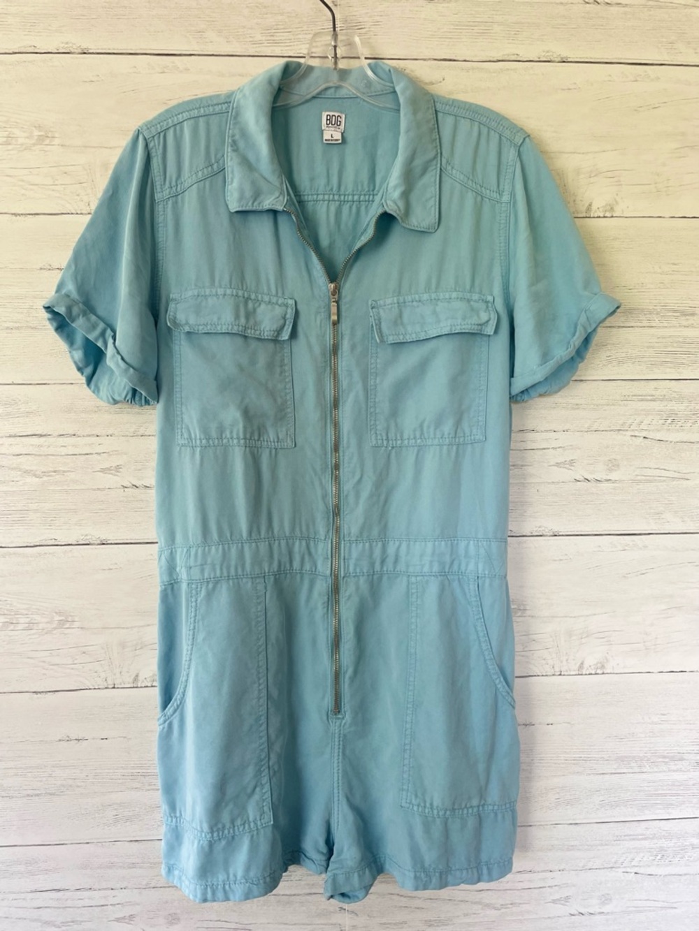 BDG Aqua Blue Short Sleeve Zip Front Romper size Large